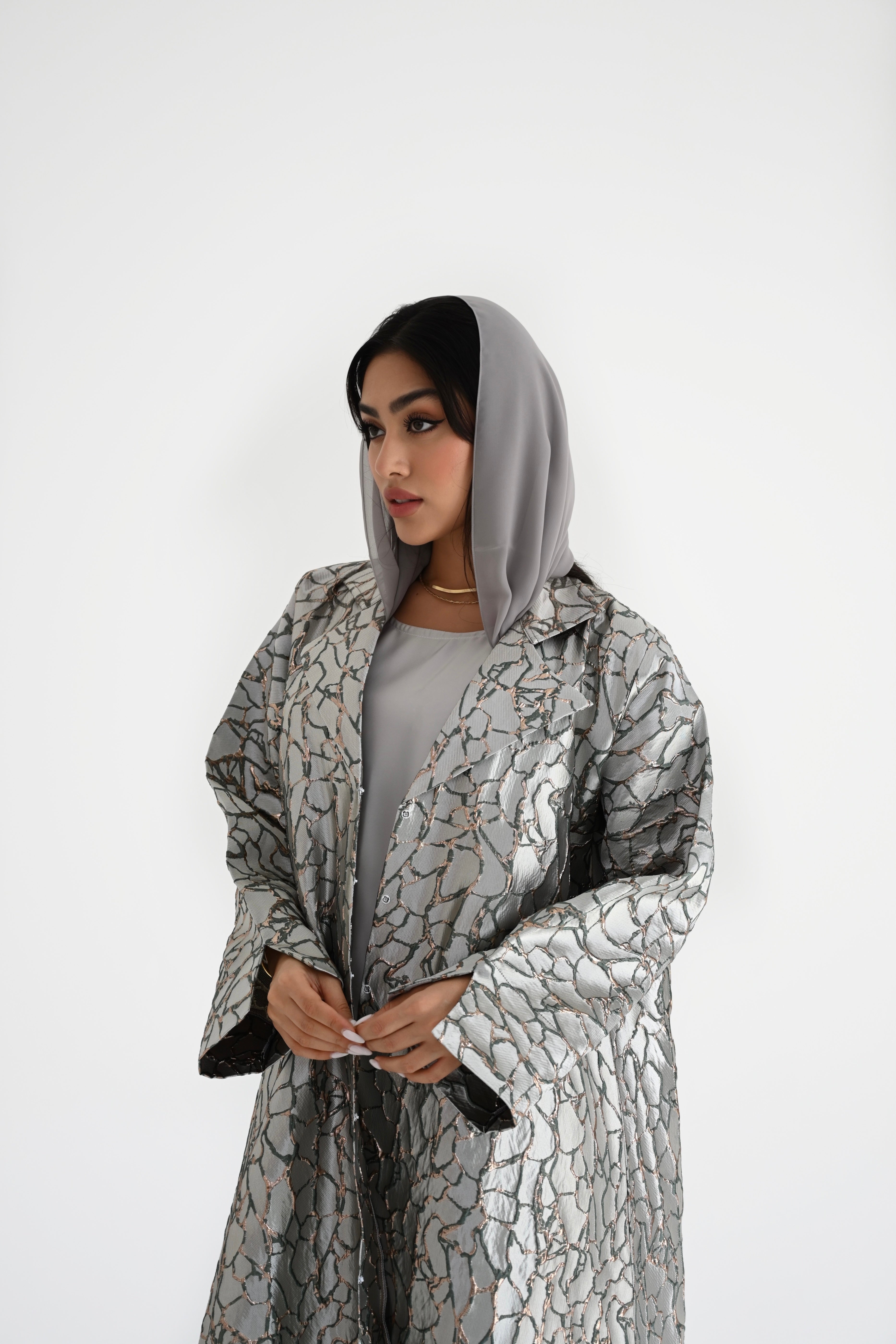 Metallic silver brocade abaya