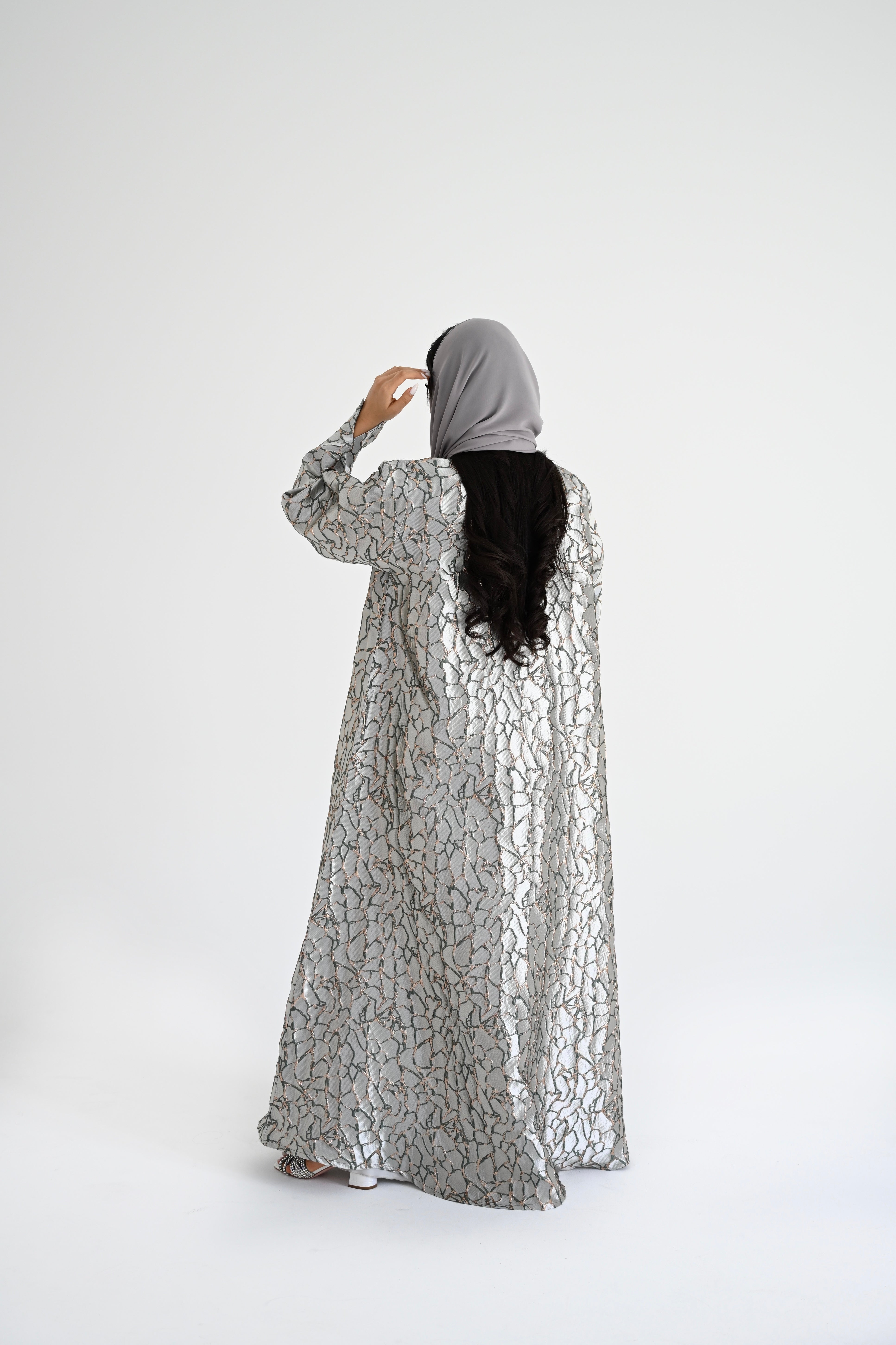 Metallic silver brocade abaya