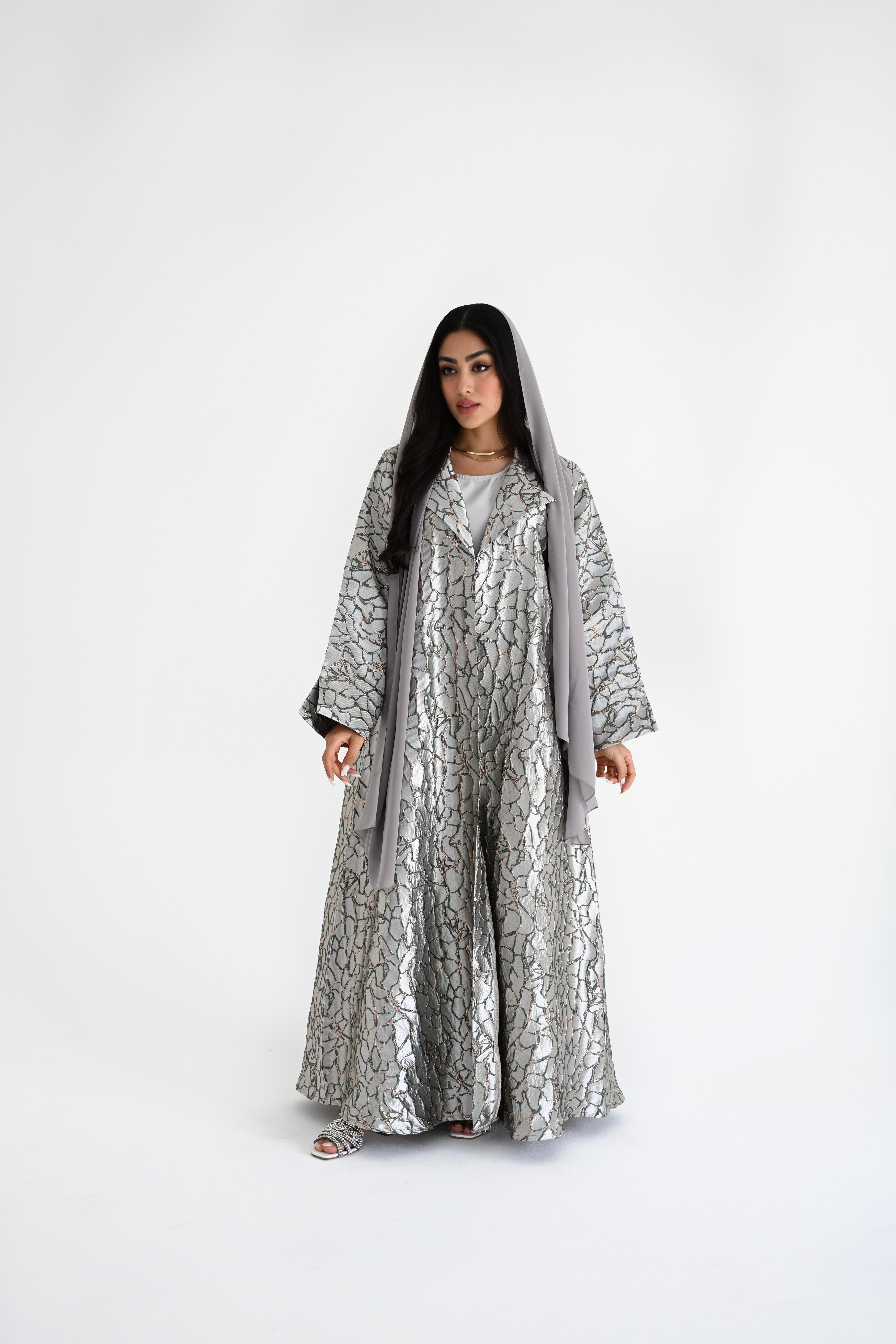 Metallic silver brocade abaya